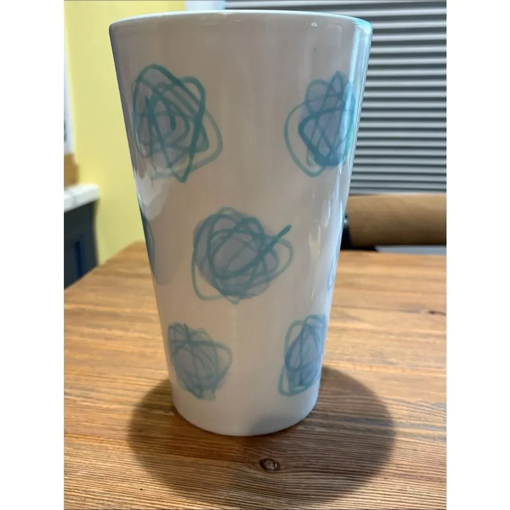 Rare Atomic Swirl Cream Ceramic Vase with Light Blue Scribble Pattern